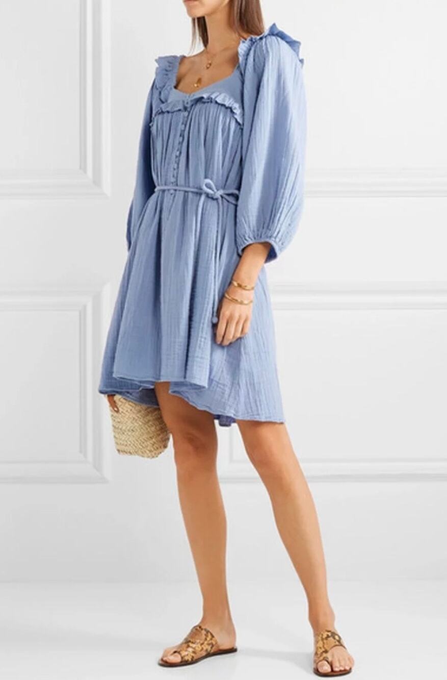 $445 Apiece Apart Baby Blue Cotton Gauze Ruffle Dress Boho Coastal- Size XS/S